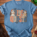 Blue Comfort Colors t-shirt with "SIDE QUESTS" text featuring ghosts and Halloween motifs.