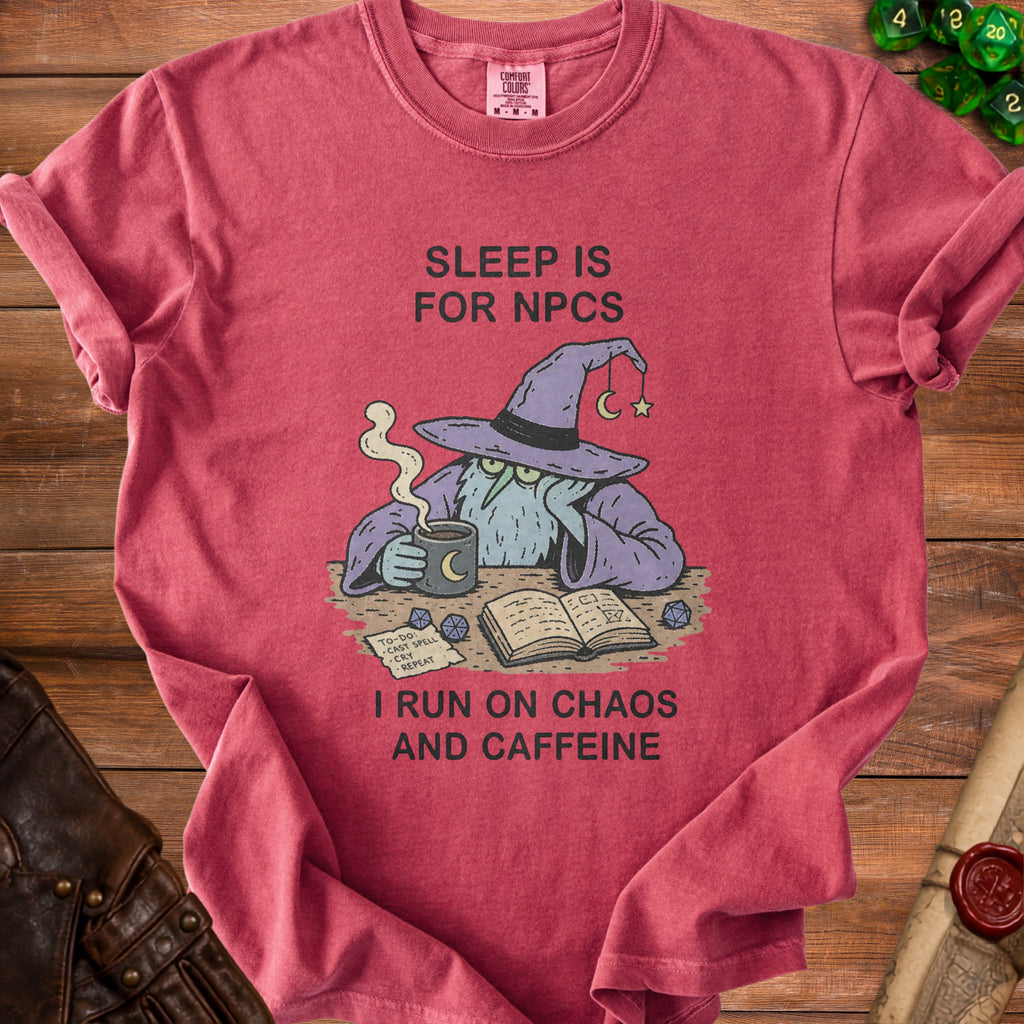 Red t-shirt with "Sleep is for NPCs" and wizard with coffee.