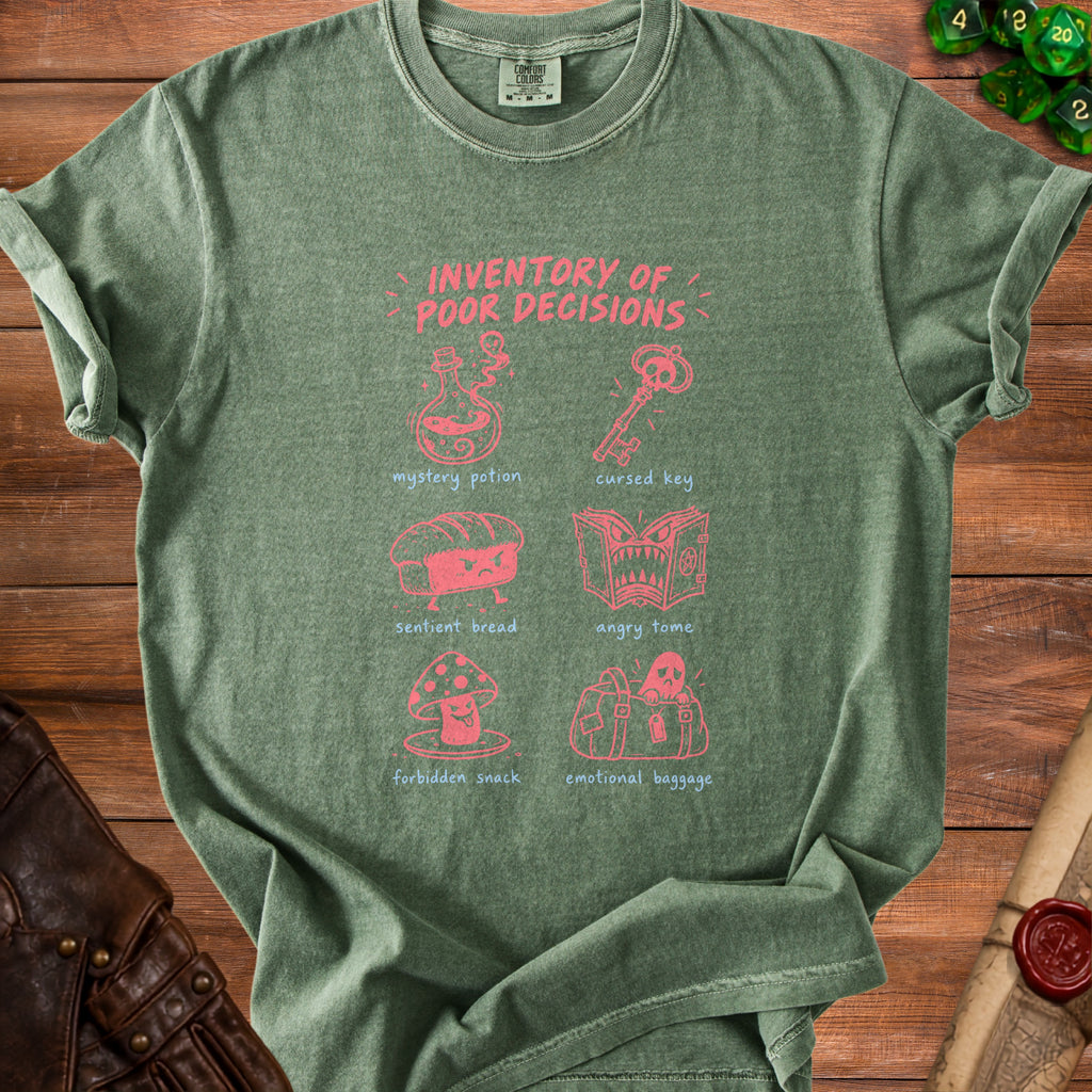 Green t-shirt with "Inventory of Poor Decisions" text and illustrations.