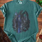 Wizard with staff in a dark, watery forest with ancient ruins.