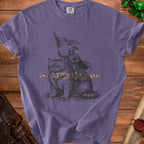 Knight riding a cat with text "WE RIDE AT NOON" on a purple shirt.