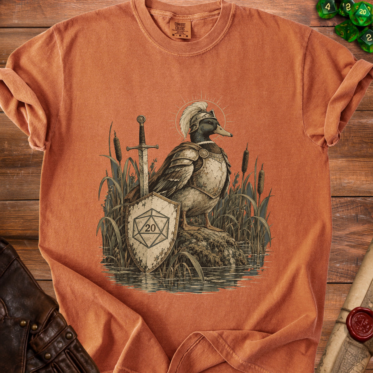 Knighted duck in armor holding a D20 shield next to a sword in reeds.