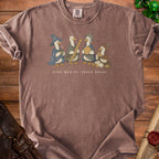 T-shirt with cartoon ducks dressed as fantasy characters on a wooden background.