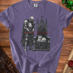 Knight looking down at cat sitting on ornate throne with text "I HAD PLANS".