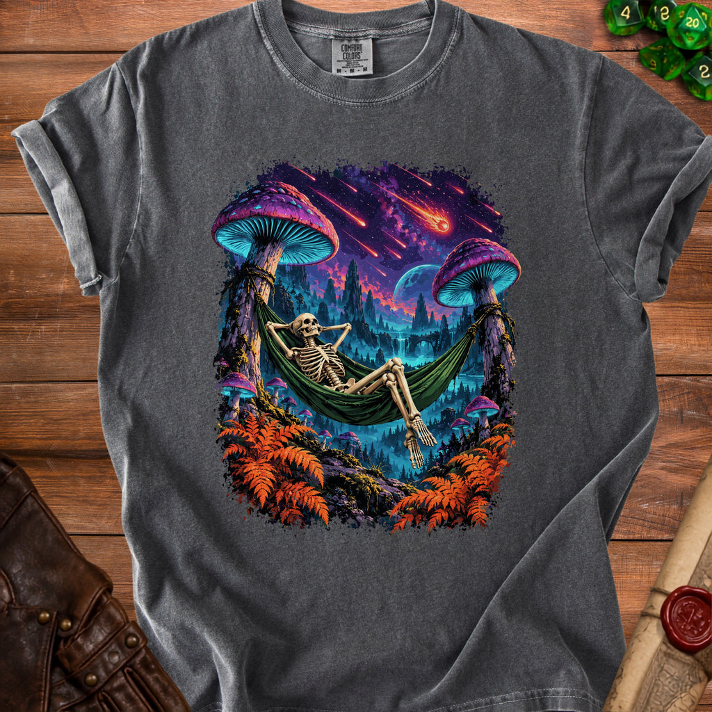 Skeleton in hammock under glowing mushrooms with meteors in a fantasy landscape.