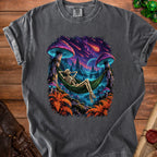Skeleton in hammock under glowing mushrooms with meteors in a fantasy landscape.