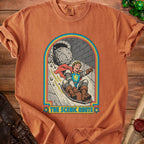 Knight in armor sledding downhill with rolling boulder and text "The Scenic Route".