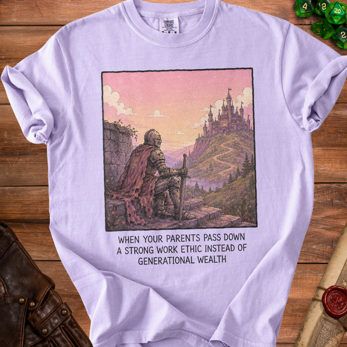 Purple t-shirt with knight looking at castle and text: "When your parents pass down a strong work ethic instead of generational wealth."