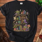 Goblin hoarders on a magical bookshelf with books, treasure, and dice.