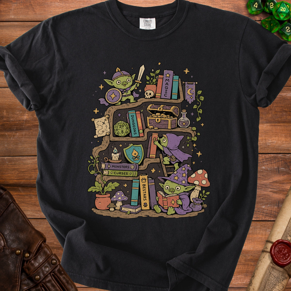 Goblin hoarders on a magical bookshelf with books, treasure, and dice.