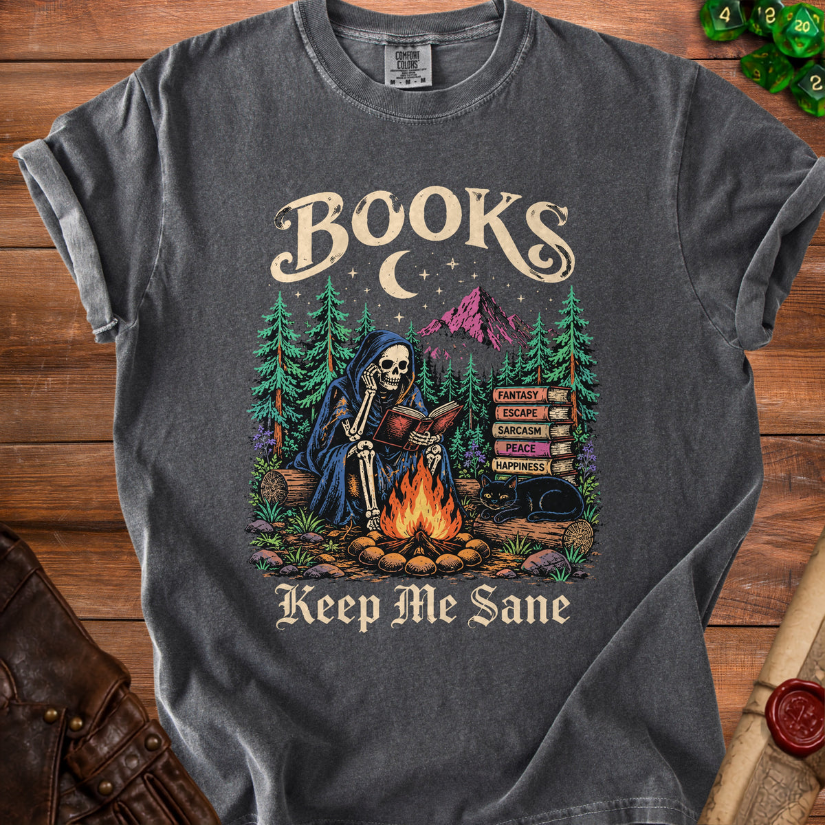 Skeleton reading book by campfire with black cat, text "BOOKS Keep Me Sane".
