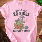 Pink t-shirt with a frog in a wizard hat reading a book and saying "There are 20 sides to every story".