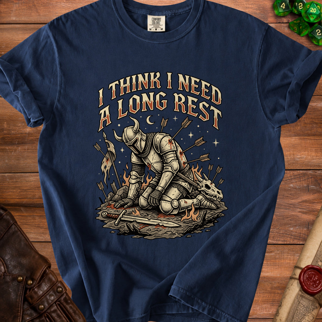 Knight in armor pierced by arrows, text "I THINK I NEED A LONG REST".