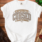 White t-shirt with "Expensive Cursed & Talks to Ghosts" text.