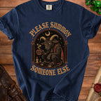 Navy t-shirt with a dark, occult-themed graphic featuring a goat and text.