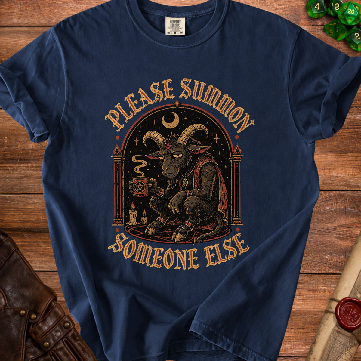 Navy t-shirt with a dark, occult-themed graphic featuring a goat and text.