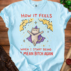 Light blue t-shirt with a cat in a wizard hat and cape, saying "How it feels when I start being a mean bitch again".