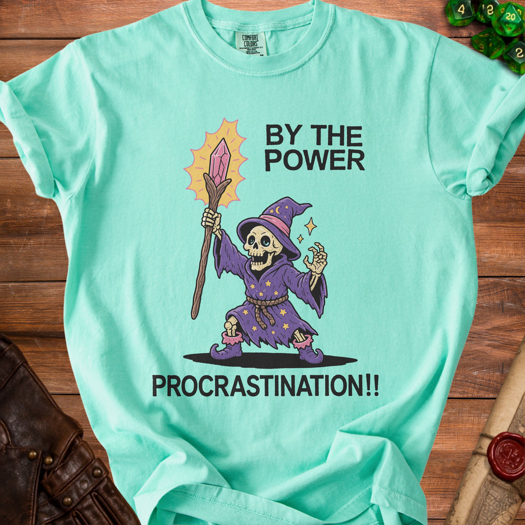 Skeleton wizard with staff says "By the Power Procrastination!!"