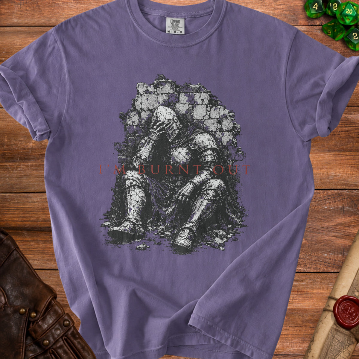 Purple t-shirt with distressed knight artwork and text "I'M BURNT OUT".