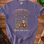 Purple t-shirt with "If you're cold, they're cold. Bring them inside." text and vampire graphic.