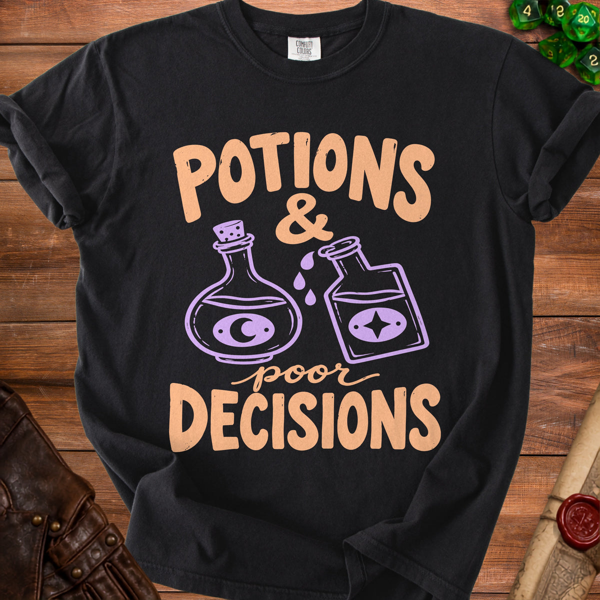 Black t-shirt with text "Potions & poor Decisions" and potion bottle graphics.