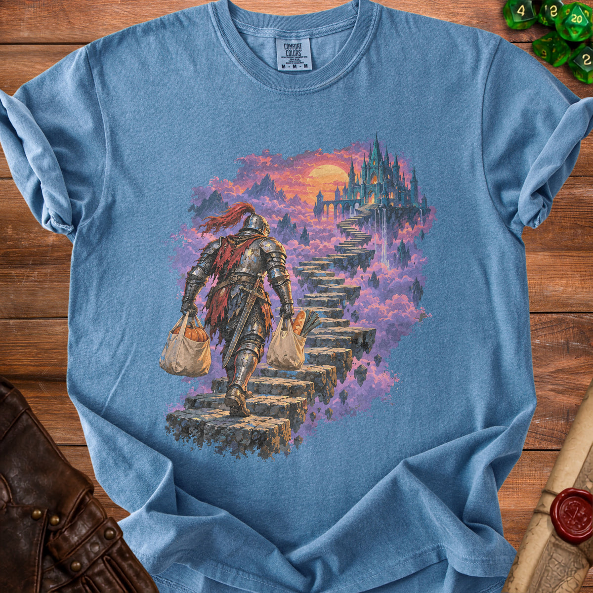 Knight carries groceries up a stone staircase toward a fantasy castle at sunset.