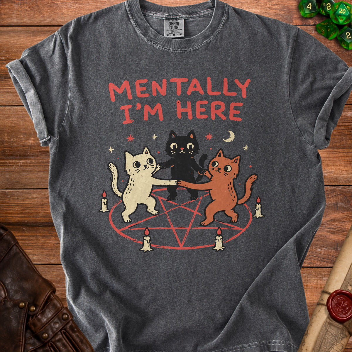 Dark gray t-shirt with a graphic of three cats dancing in a pentagram with candles.