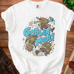 White t-shirt with "Goblin Mode!" text and three goblins, one holding a d20 die.