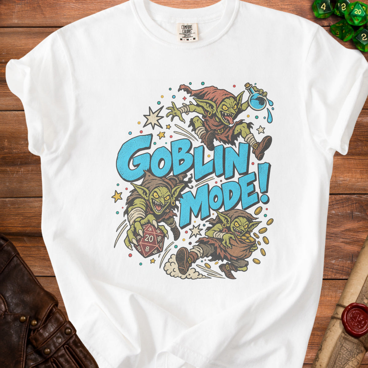 White t-shirt with "Goblin Mode!" text and three goblins, one holding a d20 die.