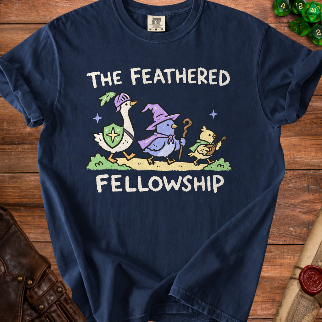 Navy t-shirt with cartoon goose, bird, and chick characters reading "The Feathered Fellowship".