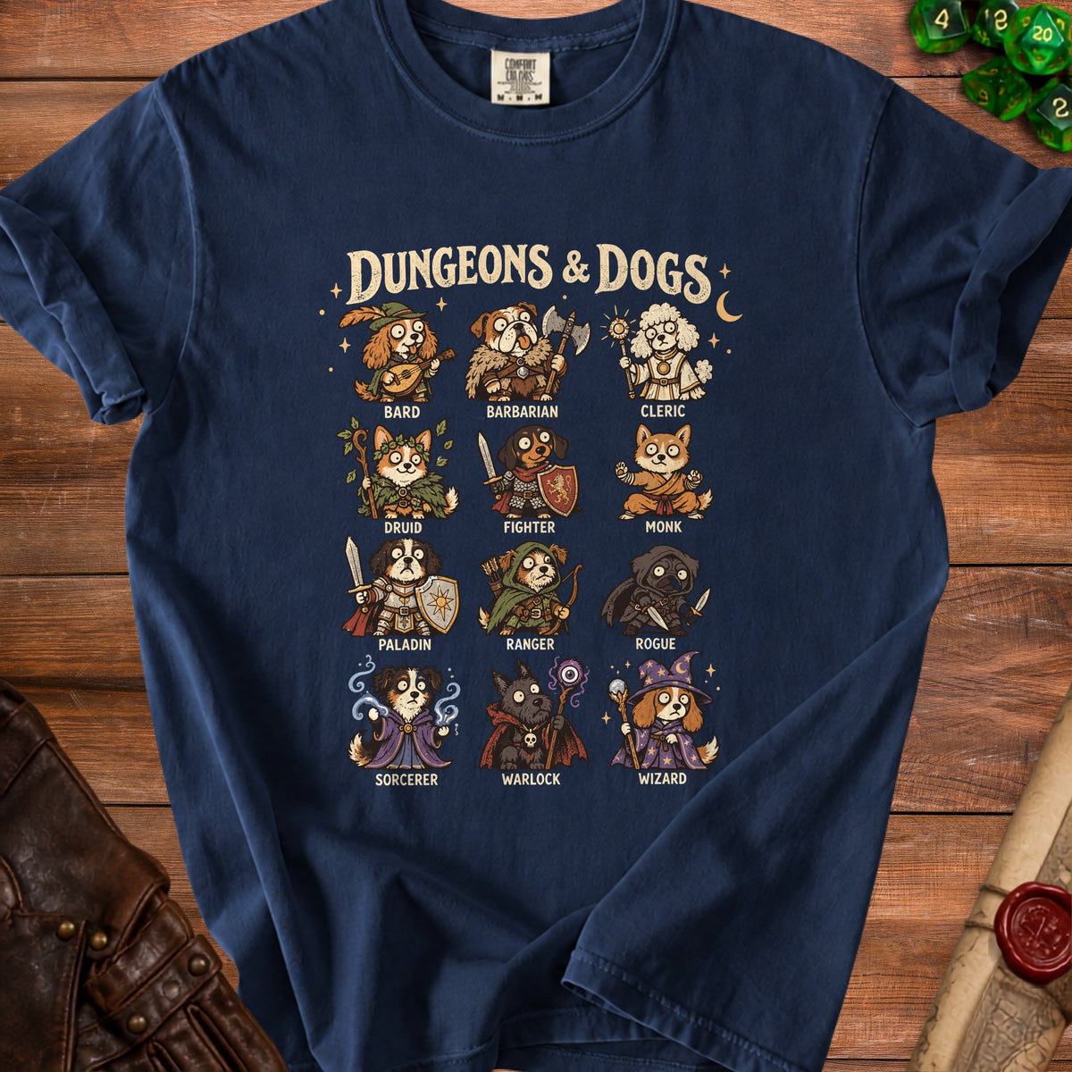 Navy t-shirt with "Dungeons & Dogs" and dog illustrations in various D&D classes.