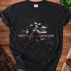 Black t-shirt with knight and sword graphic and red text "HELP THAT ARRIVED NOT".
