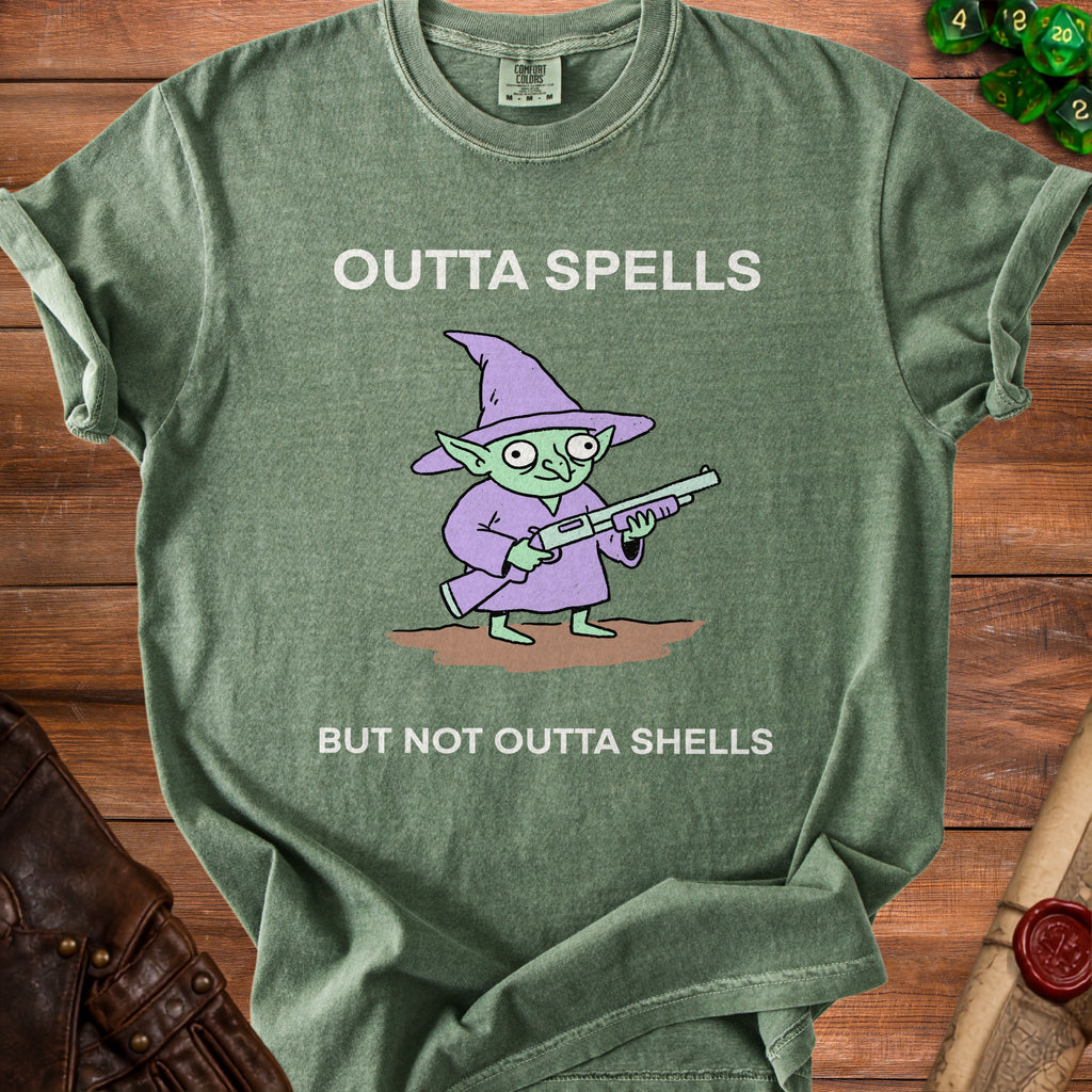 Green t-shirt with cartoon wizard and shotgun saying "Outta Spells But Not Outta Shells".