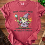 Red t-shirt with a goblin wizard graphic and text "INNER DARKNESS ASIDE I AM FILLED WITH MAGIC".
