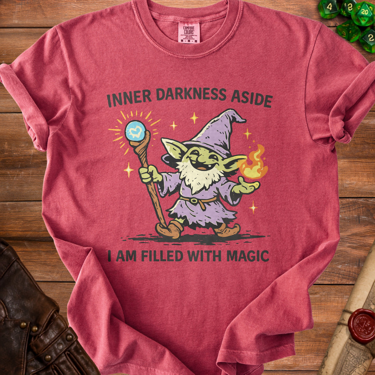Red t-shirt with a goblin wizard graphic and text "INNER DARKNESS ASIDE I AM FILLED WITH MAGIC".