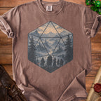 T-shirt with a 20-sided die graphic showing a fantasy landscape and adventurers.