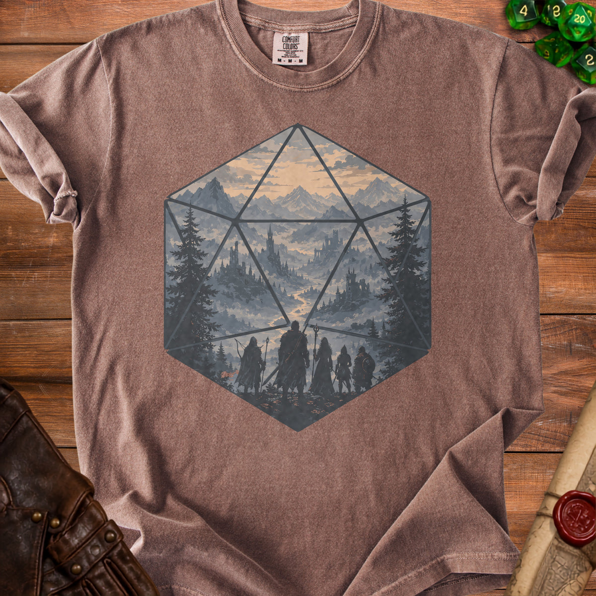 T-shirt with a 20-sided die graphic showing a fantasy landscape and adventurers.