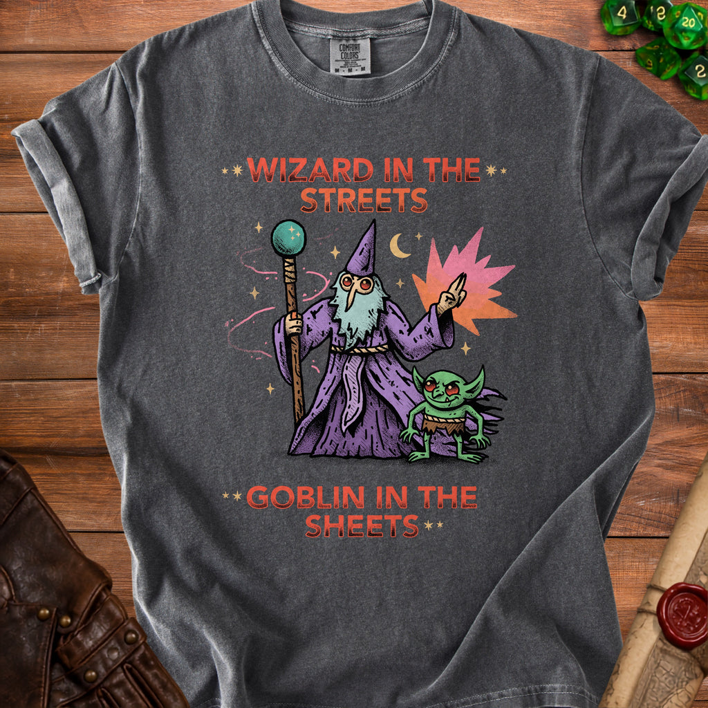 Dark grey t-shirt with Wizard and Goblin graphic and text.