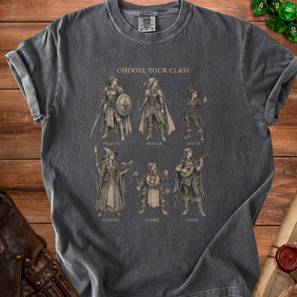 T-shirt with "CHOOSE YOUR CLASS" and six fantasy character illustrations: Fighter, Ranger, Rogue, Wizard, Cleric, Bard.