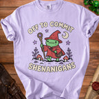 Lavender t-shirt with cartoon frog wizard graphic and text "OFF TO COMMIT SHENANIGANS".