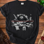 Black t-shirt with a drawing of a knight resting on papers, with text "PROFESSIONALLY EXHAUSTED".