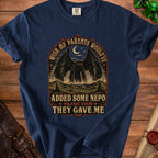 Navy t-shirt with Mothman graphic and text "Wish my parents would've added some nepo to the tism they gave me."