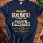 Navy t-shirt with "Game Master Storyteller Rule Keeper Chaos Enabler" text and a dragon.