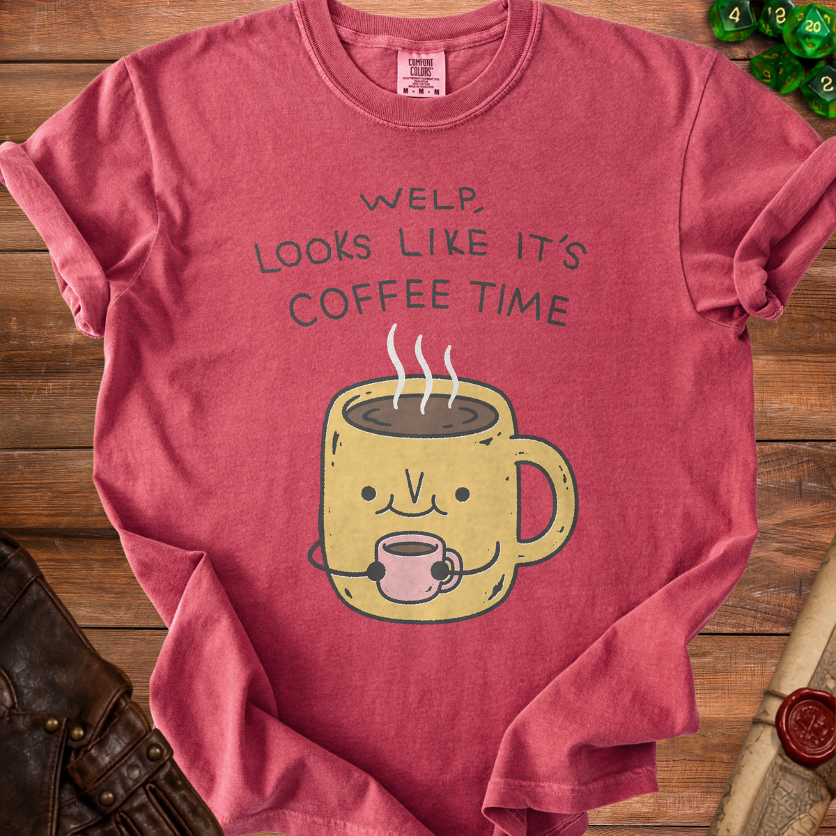 Red t-shirt with cartoon coffee cup and text "Welp, Looks Like It's Coffee Time".