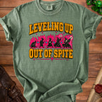 Green t-shirt with "Leveling Up Out of Spite" text and wizard illustrations.