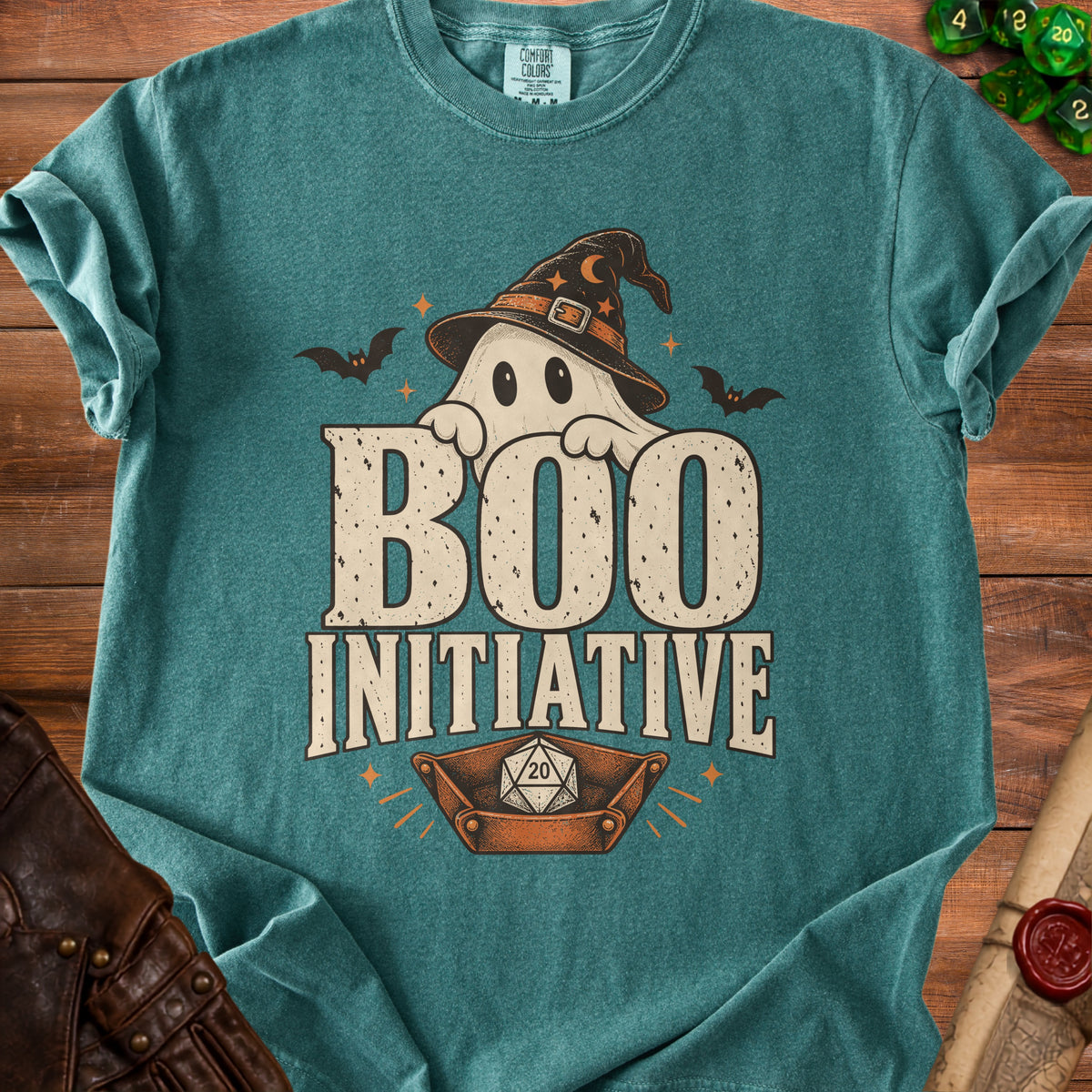 Ghost wearing witch hat holding sign with text "BOO INITIATIVE" and a d20 die.