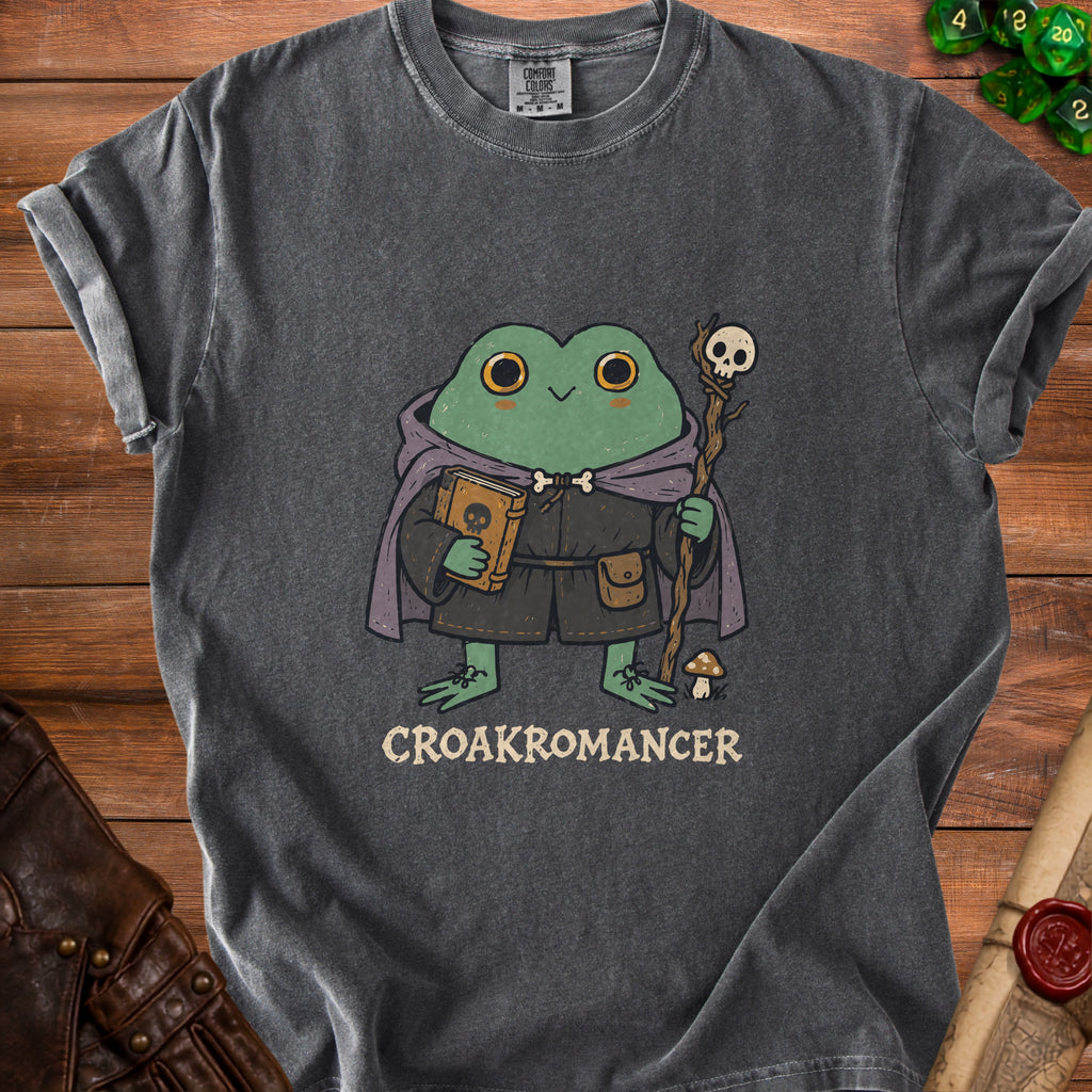 Gray t-shirt with a frog wizard graphic and the text "CROAKROMANCER".