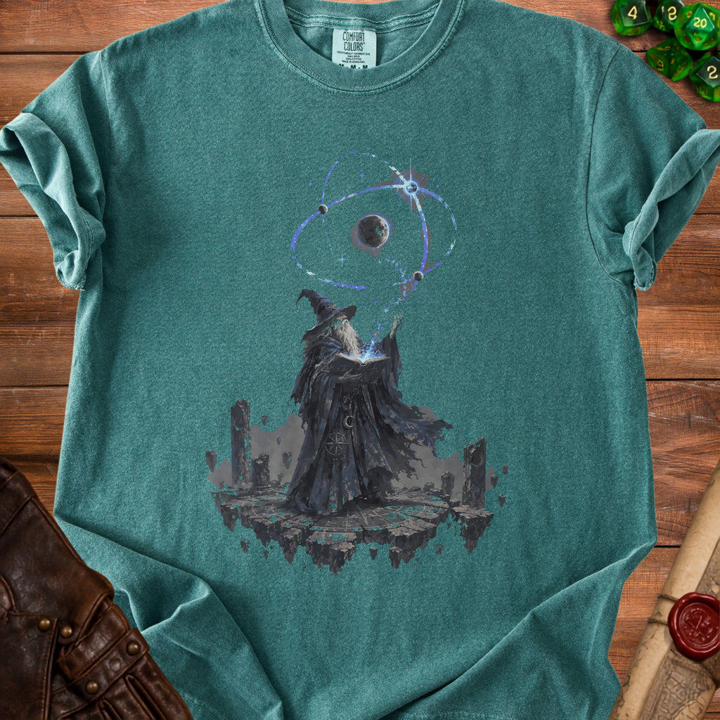 Wizard casting spell on floating islands with celestial bodies and orbiting planets.