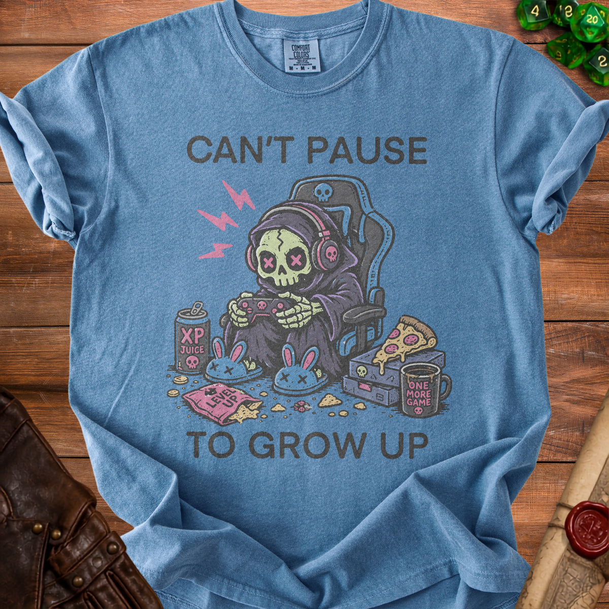 Grim reaper gamer skeleton with text "Can't Pause To Grow Up."