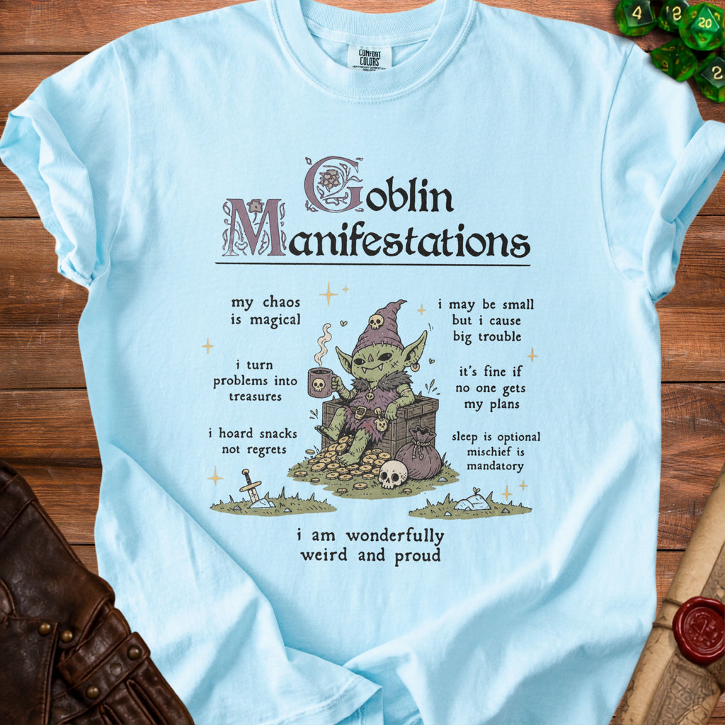 Light blue shirt with "Goblin Manifestations" and a goblin drinking from a skull mug.